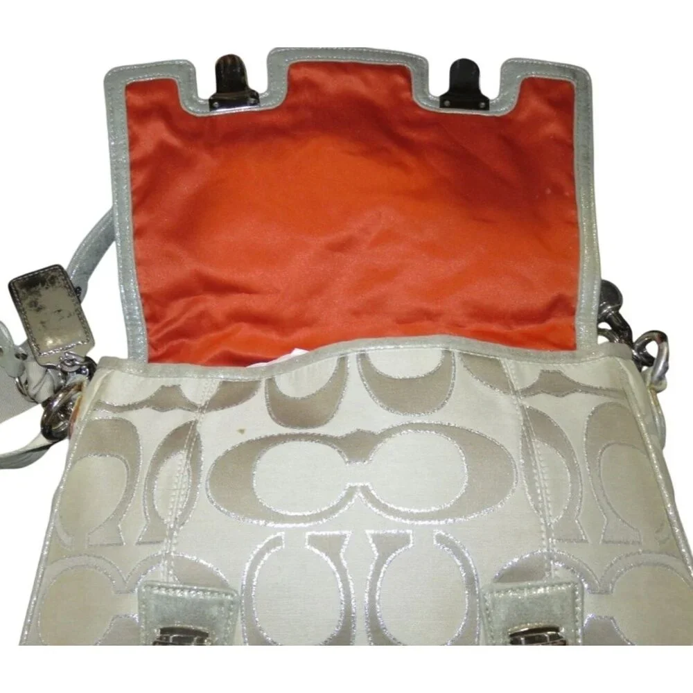 Coach Poppy Signature C Metallic Sateen & Leather Messenger Flap Satchel  #18352